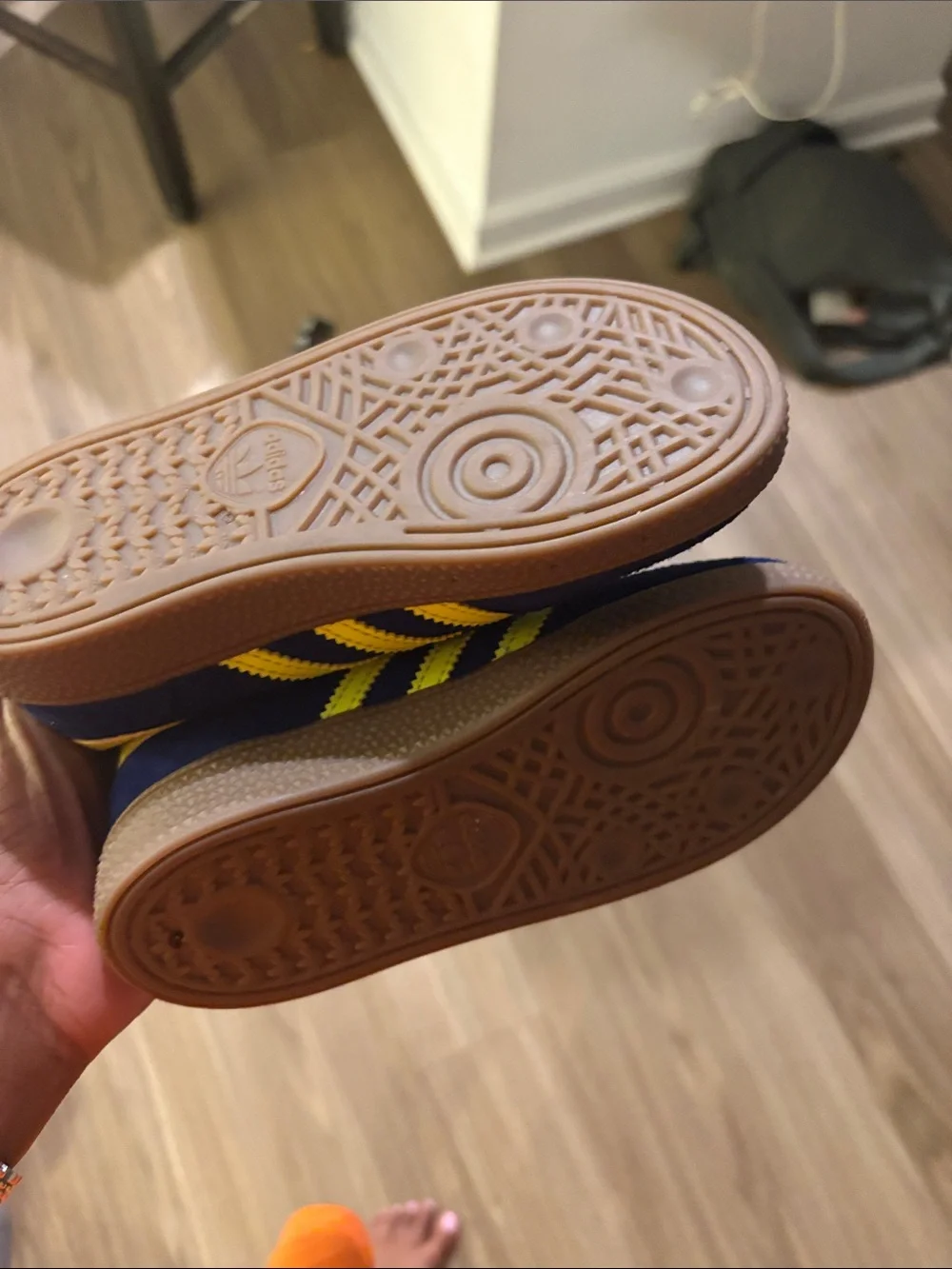 adidas Suede Sneaker in Navy with Neon Yellow Stripes
